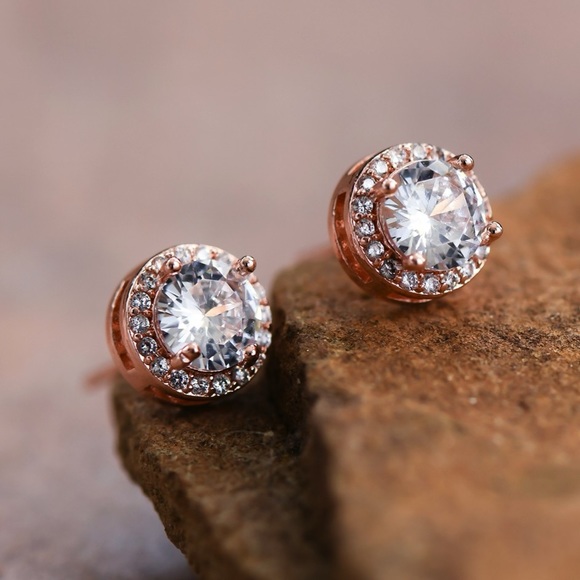 Clear Glass Crystal Dainty Rose Gold Plated Stud Earrings - Picture 3 of 7